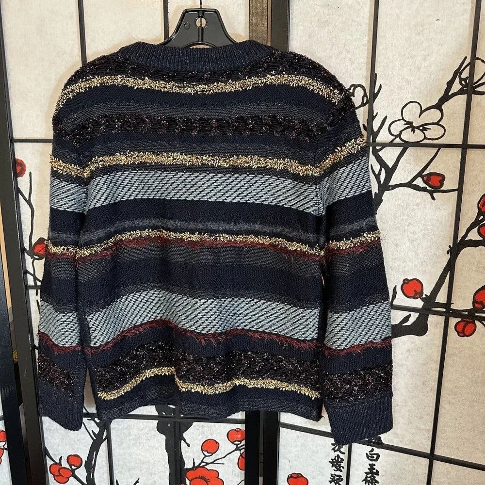 Tory Burch Sweater Stripe Metallic Merino Wool Alpaca Blend Danielle Navy Thick - Picture 10 of 11